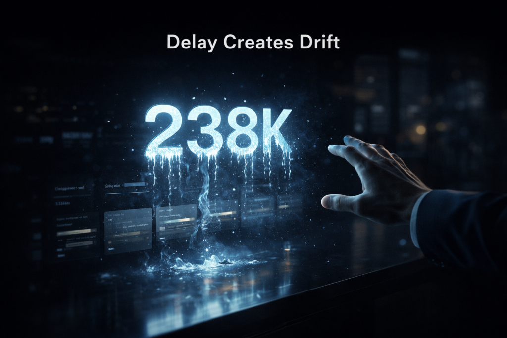 A glowing KPI number “238K” melts like a digital clock in a dark executive dashboard space while a founder’s hand reaches toward it, with fading sales pipeline cards dissolving below in blue-white vapor trails.