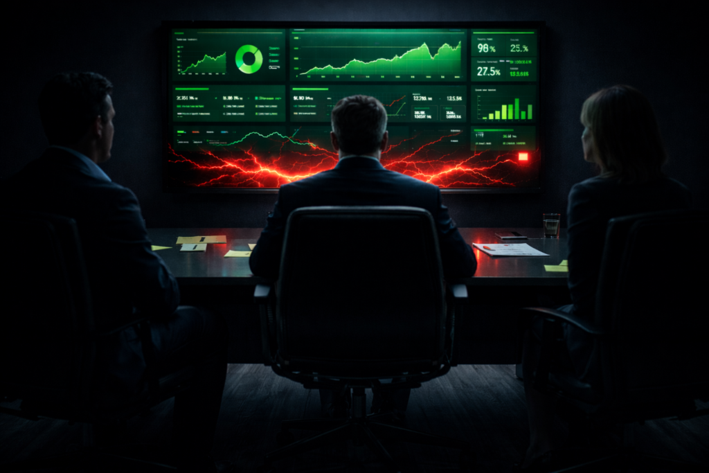 Three executives in a dark boardroom face a large green performance dashboard while a single bright red warning node pulses in the corner, signalling hidden strategic risk.