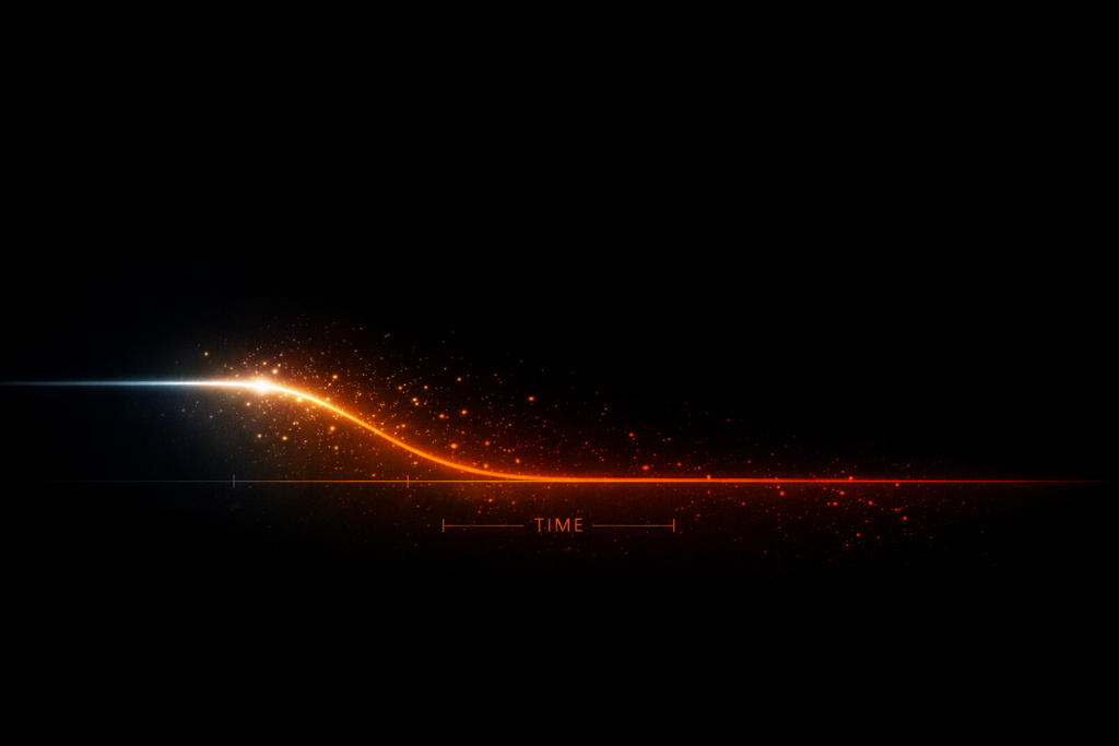 glowing signal line fading along timeline showing decay of value