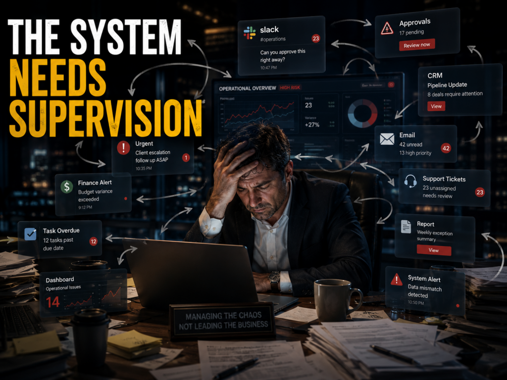 Business executive overwhelmed by fragmented operational systems and manual approvals.
