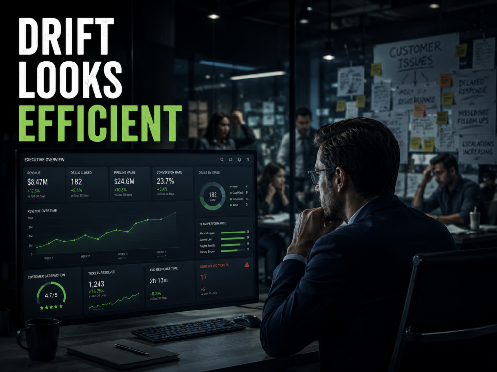 An executive reviewing clean dashboards while operational problems quietly unfold behind glass walls.
