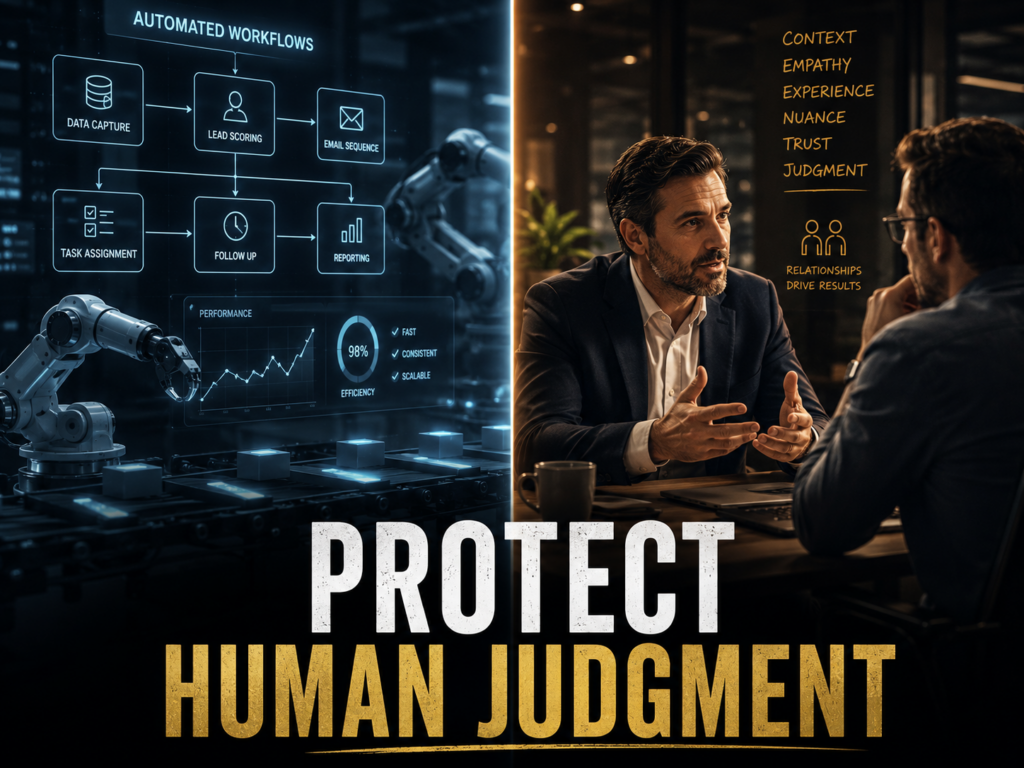 A split-scene showing AI systems handling repetitive workflows while a human leader makes a difficult strategic decision.
