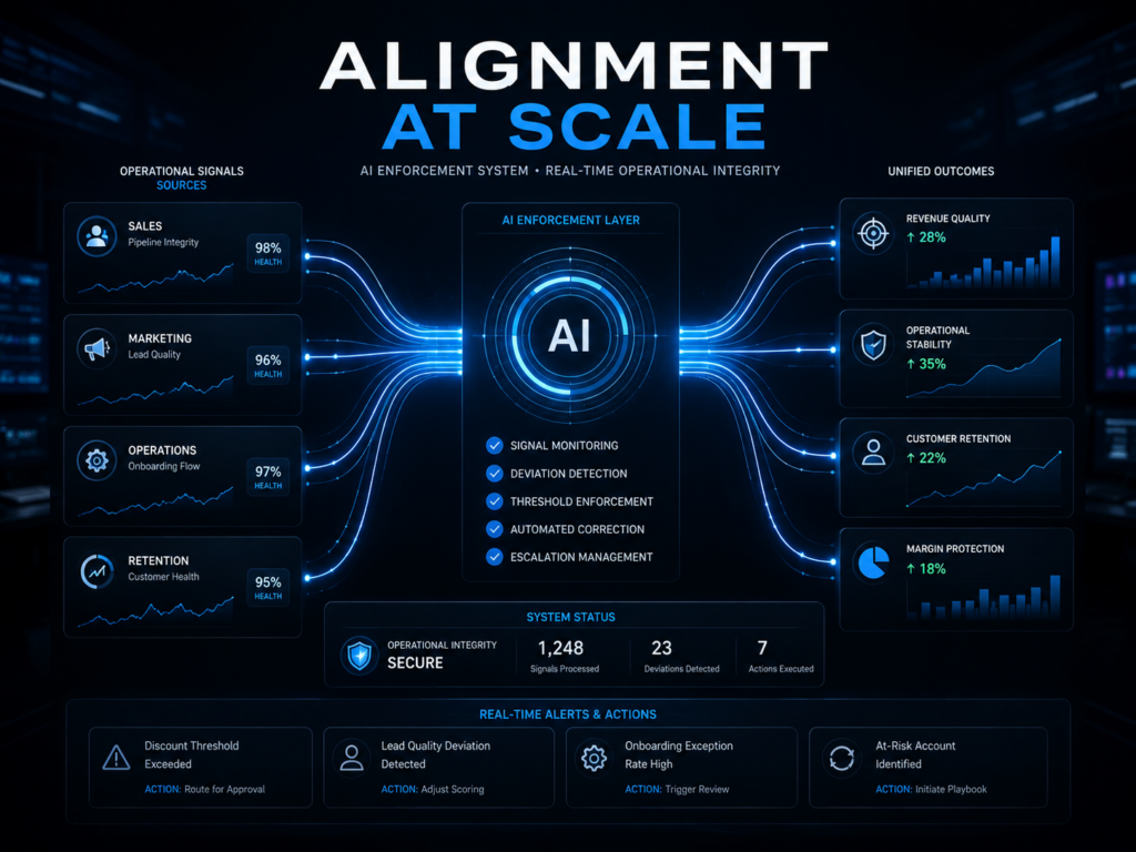 Minimal futuristic interface monitoring sales, marketing, and operations signals in a unified AI system.
