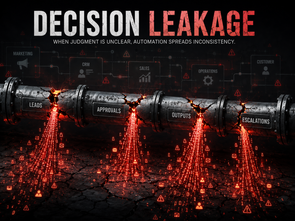 A cracked decision pipeline leaking glowing data into disconnected business workflows.
