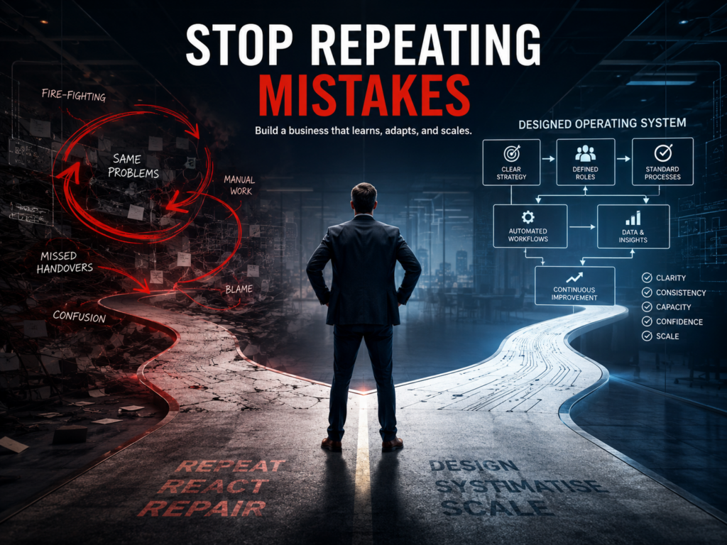 Business owner facing a chaotic loop on one side and a structured operating system blueprint on the other.