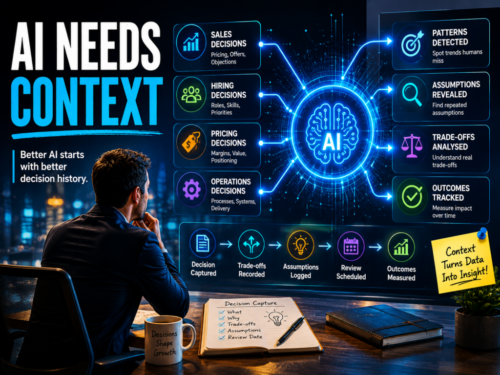 AI interface mapping business decisions, assumptions, rejected options, and outcomes across departments.
