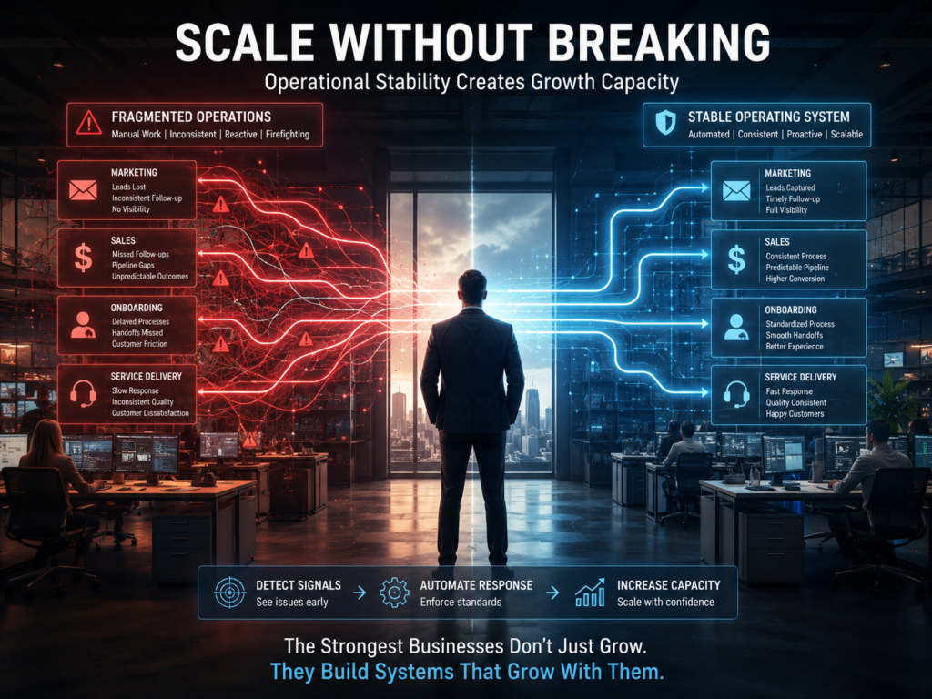 Business leader standing between chaotic operations and a synchronized AI-powered operating system.