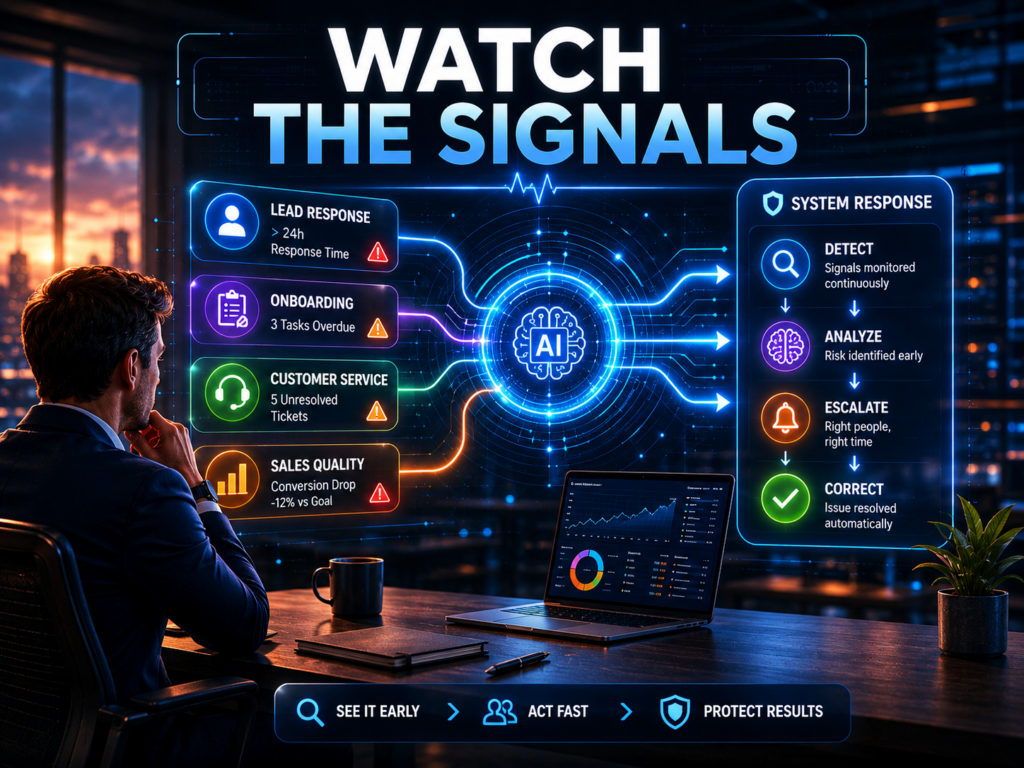 AI monitoring dashboard identifying operational warning signals before major business issues emerge.