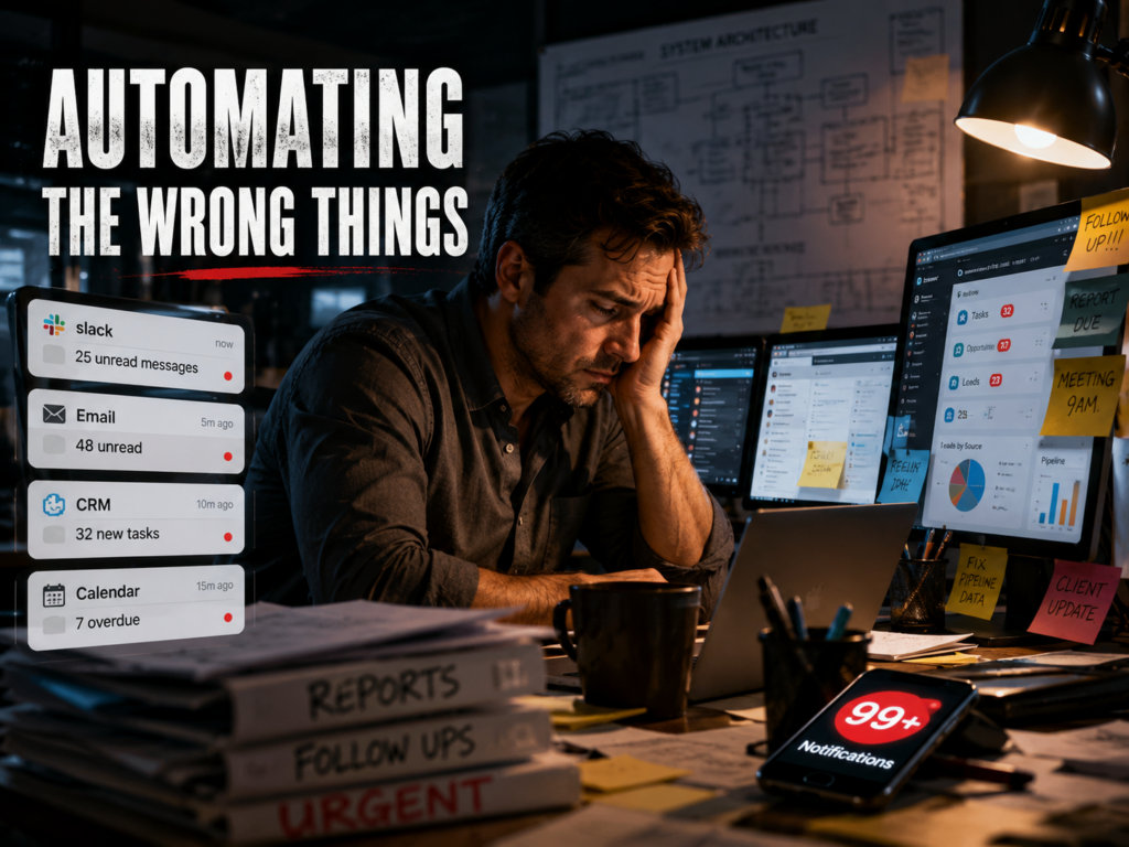 Exhausted manager surrounded by dashboards and notifications while business systems remain disorganised.
