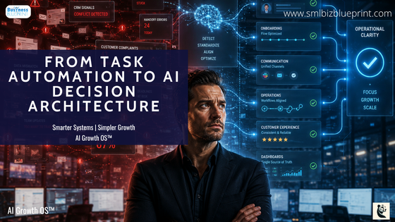 Founder standing in front of fragmented AI-powered business systems with operational warning signals transitioning into aligned workflows.