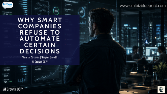 A business leader standing in a dark office surrounded by glowing automation dashboards while disconnected employees work silently in the background.