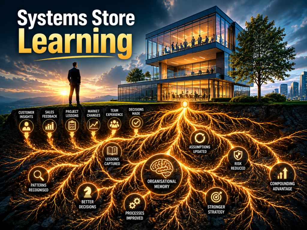 Business headquarters supported by a large glowing underground network representing organizational knowledge.