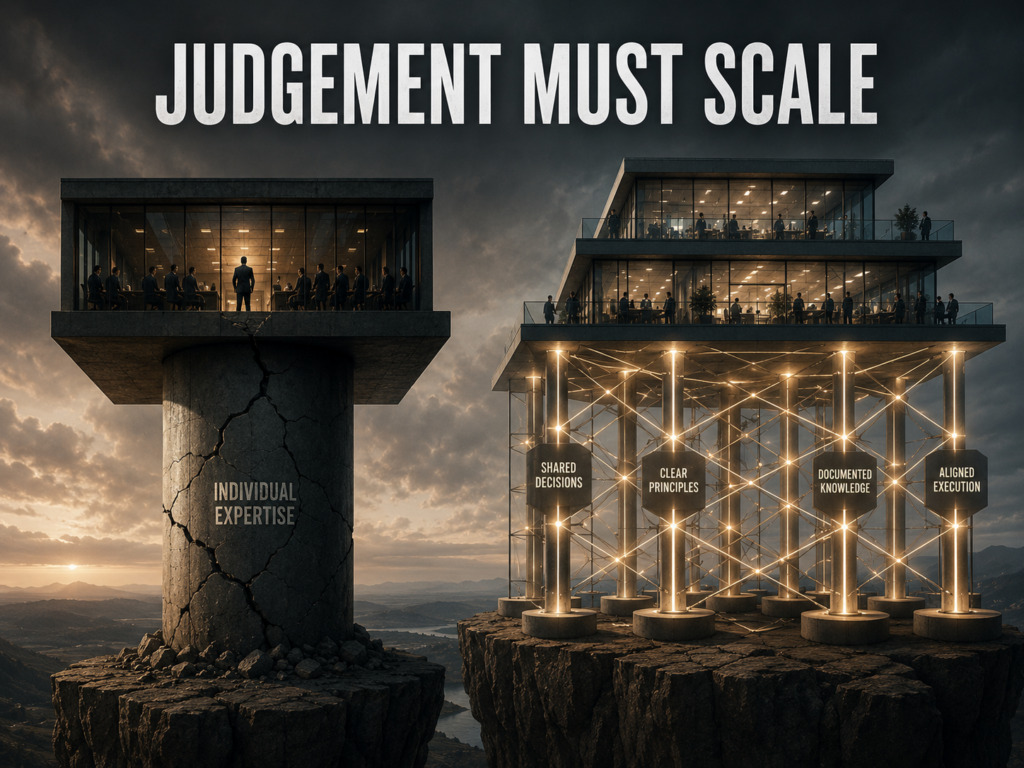 Two business structures contrasted, one supported by a single pillar and the other by a network of interconnected supports representing organisational judgement.