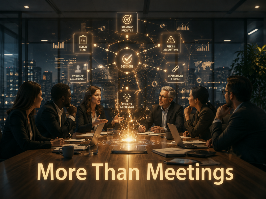 Leadership team meeting with glowing intelligence structures emerging from the discussion.