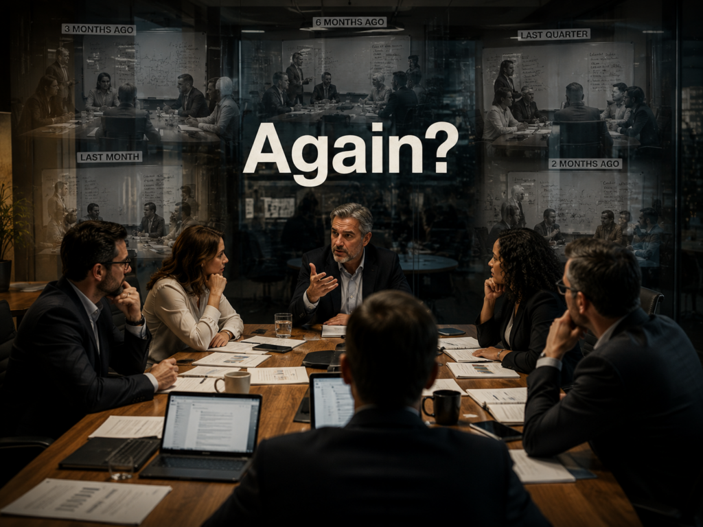Leadership team repeatedly discussing the same issue in a boardroom.