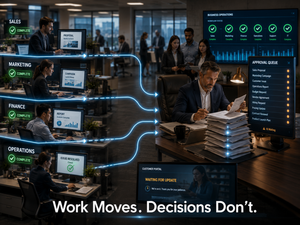 Modern business with multiple departments completing work efficiently before every task converges into a growing approval queue at one executive's desk.