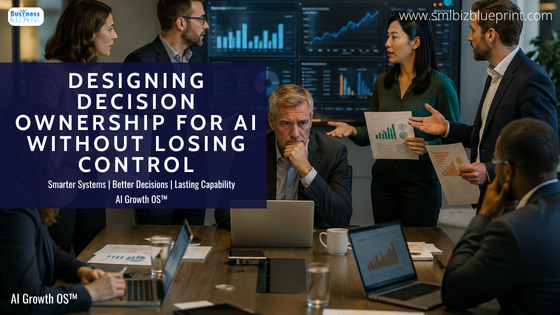 Designing Decision Ownership for AI Without Losing Control Leadership team presenting conflicting recommendations during a business meeting.