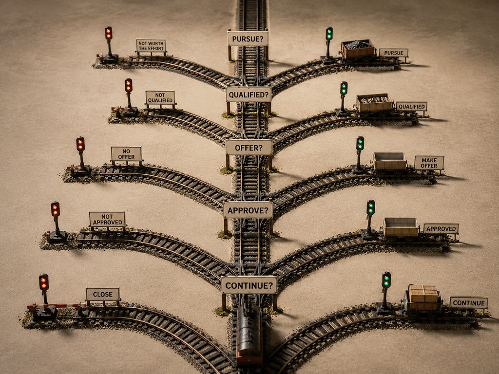 Miniature railway track passing through a series of junctions representing decisions that move sales opportunities forward.