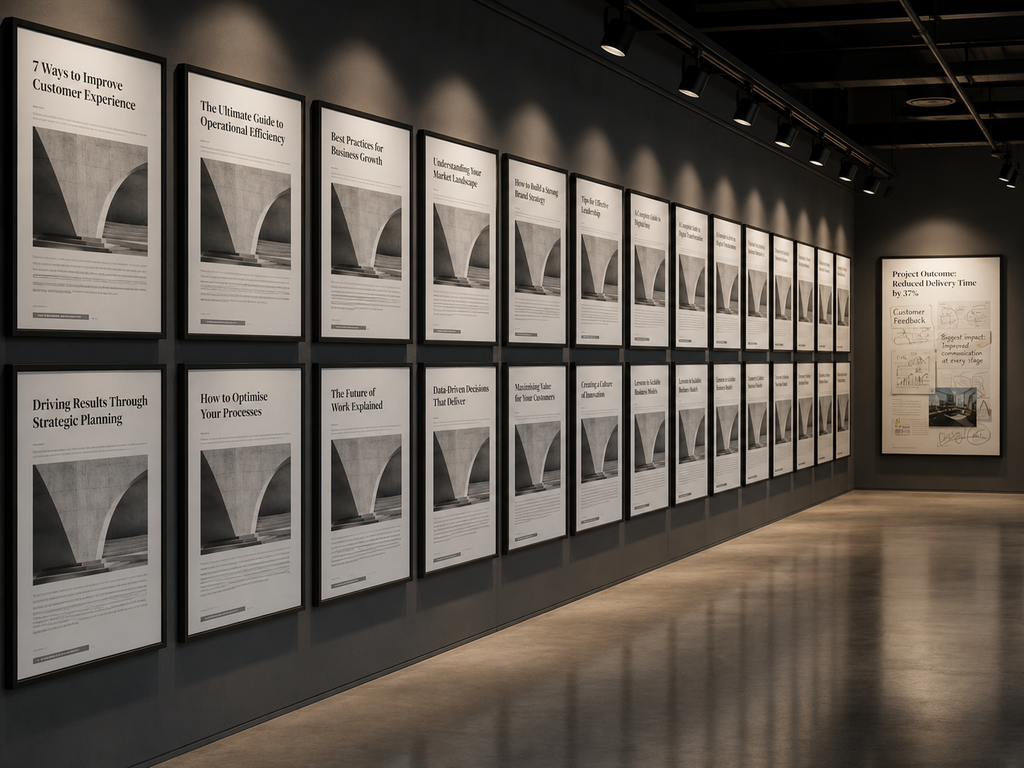 Gallery wall displaying many polished framed business articles with similar content, alongside one distinctive frame containing annotated project evidence and business observations.