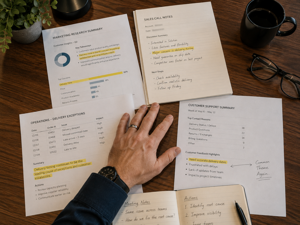 Four departmental reports on an executive desk each highlighting the same recurring customer delivery concern.