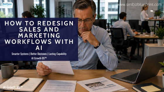 How to Redesign Sales and Marketing Workflows With AI Business owner reviewing completed reports and documents at his desk while employees continue working in a bright modern office.