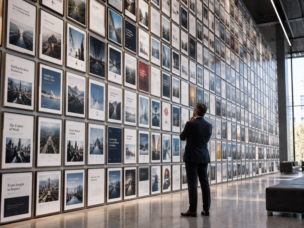 A business owner faces a vast gallery wall filled with hundreds of equally polished reports, articles and proposals, making it difficult to distinguish genuine expertise from professional presentation.