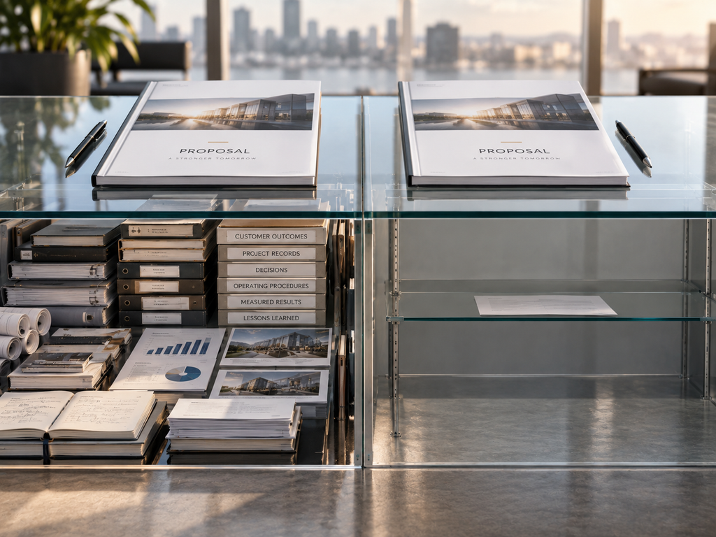 Two identical professional proposals on glass, with one supported by extensive business records and evidence while the other has little beneath it.