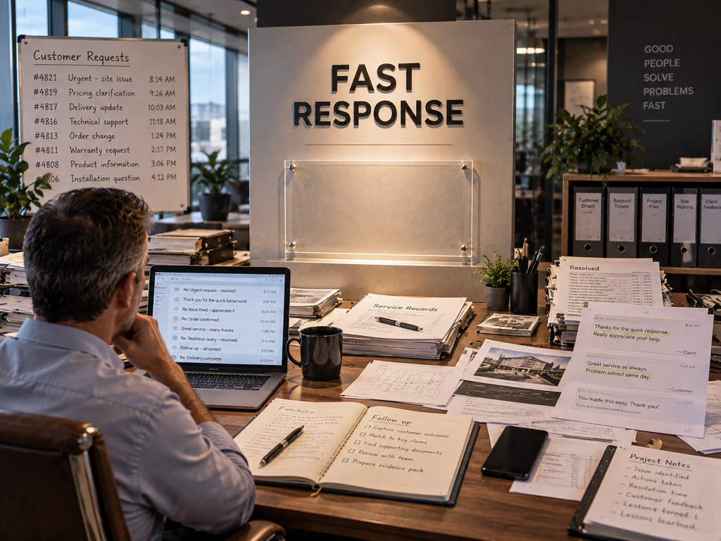 A substantial company claim stands prominently on a presentation wall while scattered supporting evidence remains disconnected across emails, project folders, customer records and staff notes.