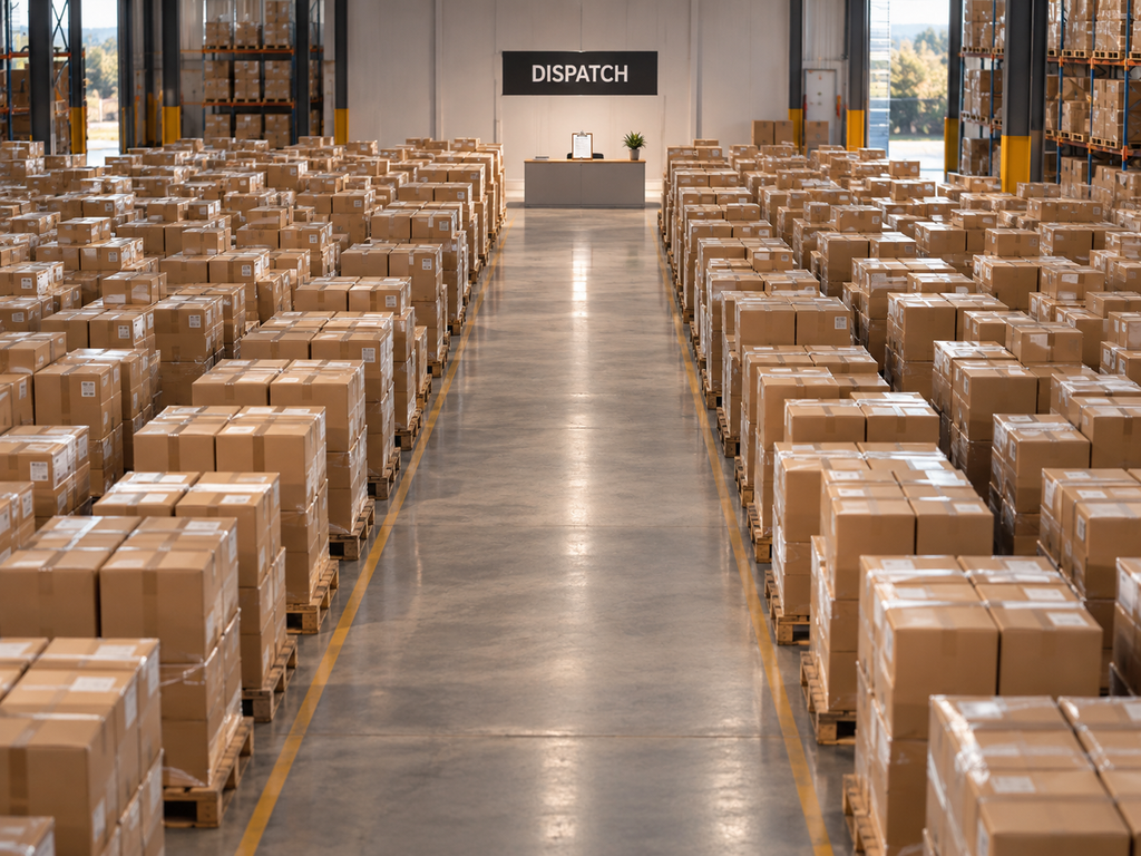 A large commercial space filled with hundreds of completed packages ready to leave, all held behind one small dispatch approval point.