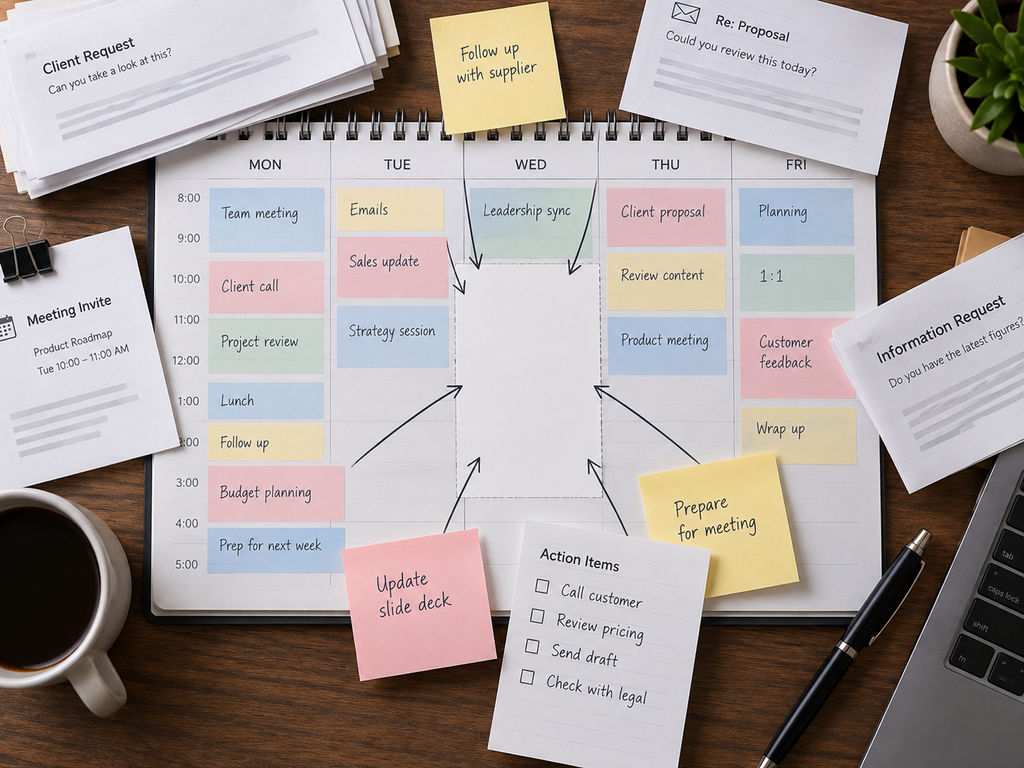 An overhead calendar with a large empty time block being crowded from every side by ordinary meetings, emails and work requests.