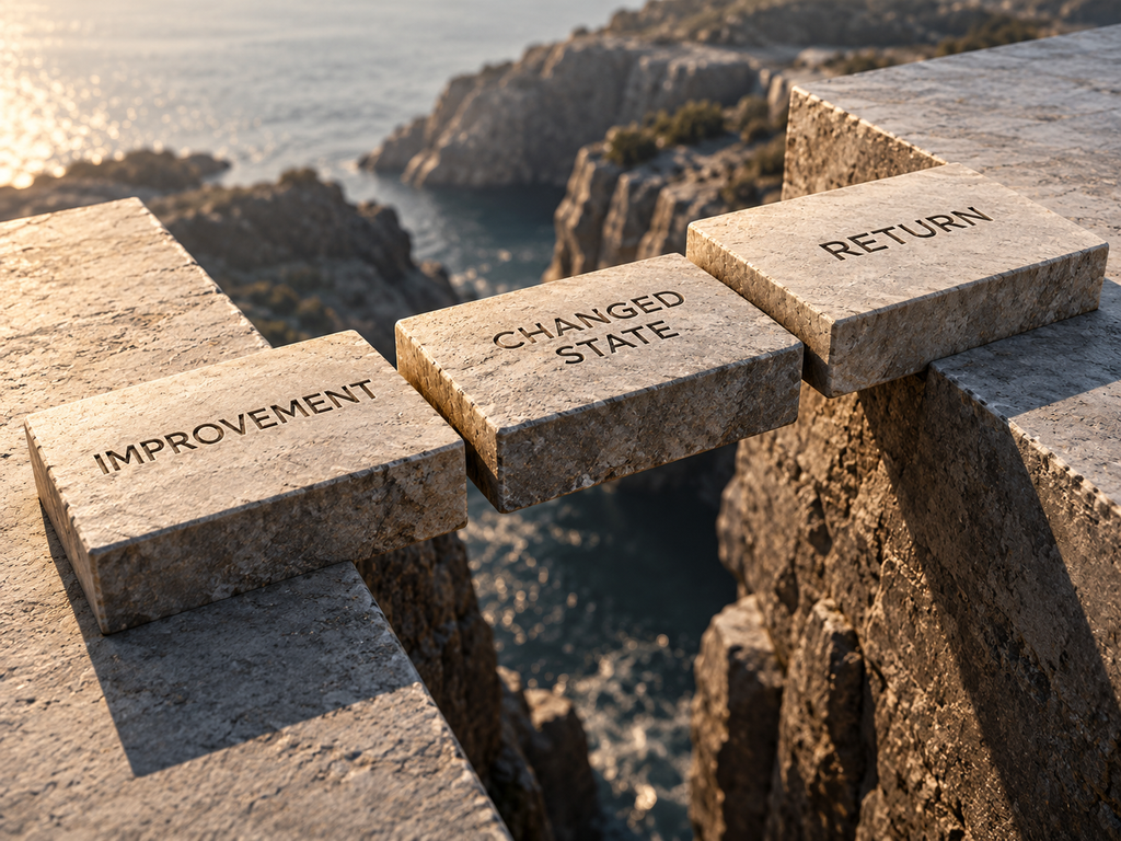 Three substantial stepping stones form a path across a gap, labelled Improvement, Changed State and Return, showing that changed state connects productivity improvement to economic return.