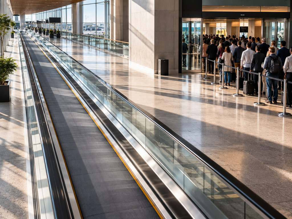 An empty high-speed moving walkway runs efficiently through a commercial space while nearby people wait at an ordinary narrow doorway, showing improvement occurring away from the actual constraint.