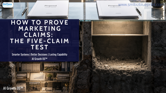 Two equally polished business proposals sit on identical glass surfaces, but beneath one is a deep visible structure of projects, decisions and evidence while beneath the other is largely empty space.