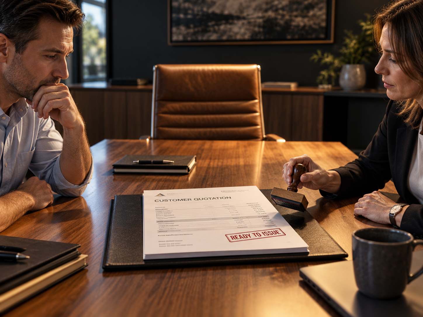 An estimator and sales manager sit with a completed quotation while the manager holds an approval stamp. An empty chair at the head of the table represents the absent person whose authorisation is still required.
