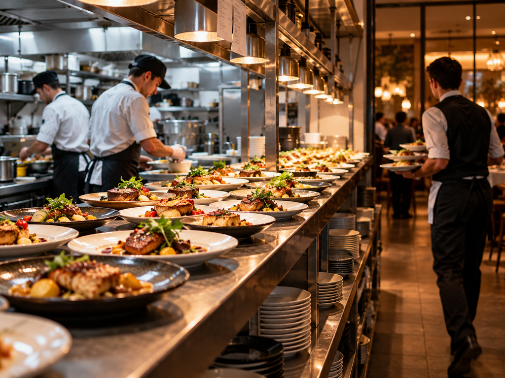 A long restaurant pass is crowded with completed meals while a single waiter at the far end can carry only a few plates into the dining room.