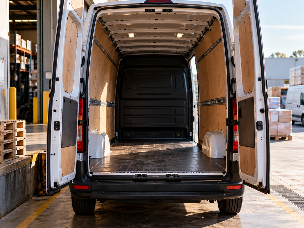 The rear doors of a commercial delivery van stand open at a loading dock, revealing a large completely empty cargo area ready for another productive use.