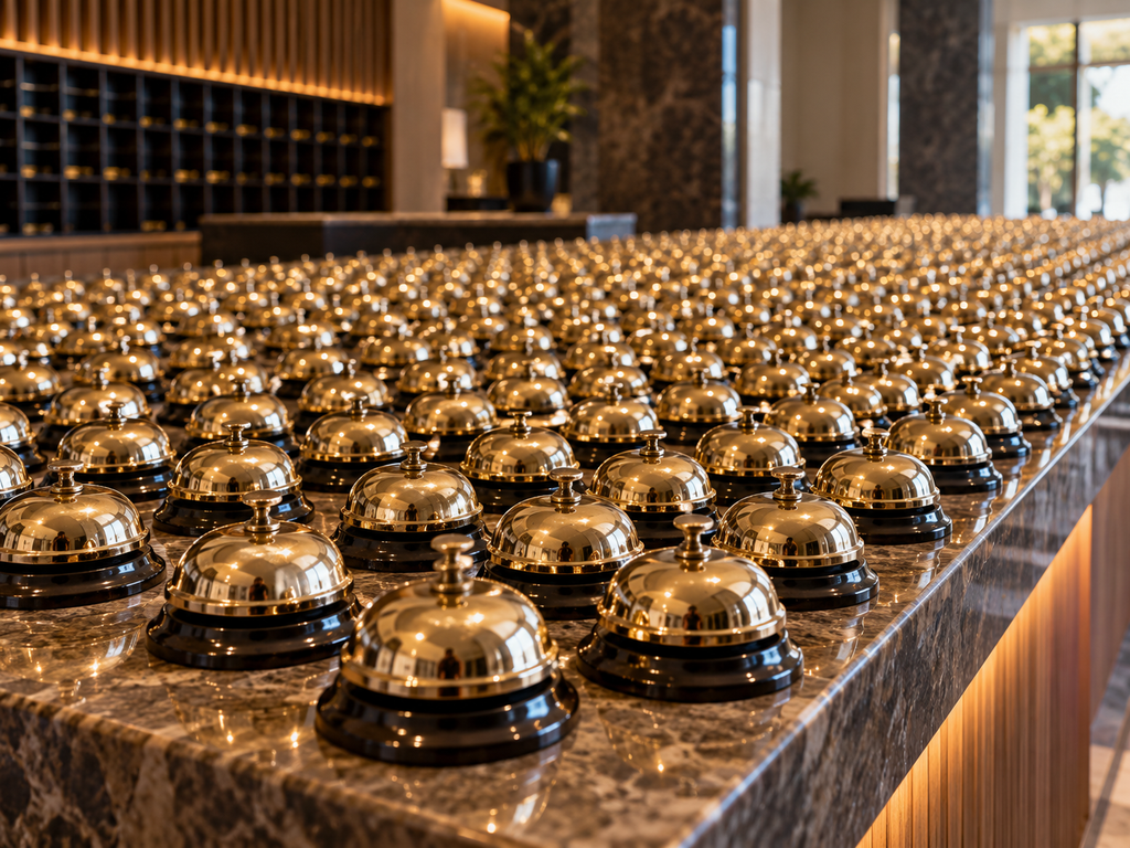 A commercial reception counter normally intended for one service bell is covered edge-to-edge with hundreds of identical bells, leaving no obvious indication which one deserves attention.