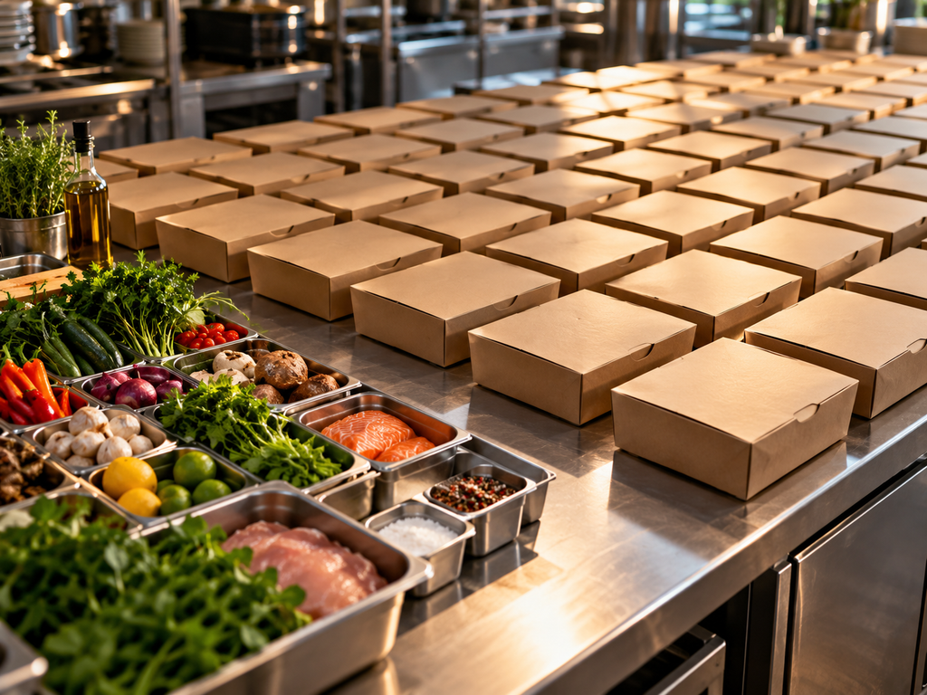 Rows of identical sealed prepared-food boxes cover a commercial workbench while varied raw ingredients remain visible at one edge, showing how uniform output can hide the variation people previously encountered.