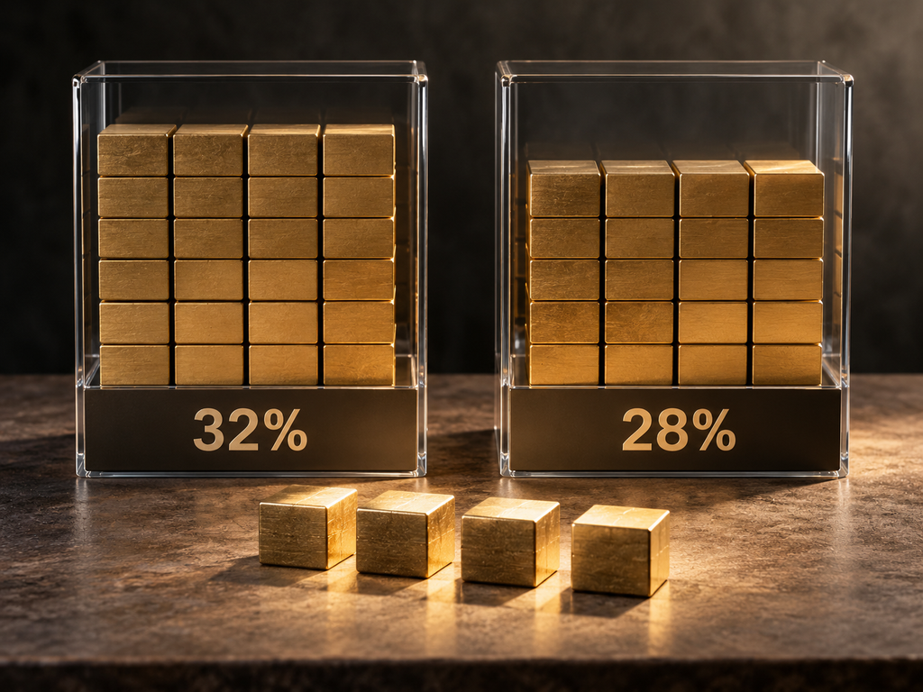 Two transparent containers hold 32 and 28 identical gold-coloured blocks. Four removed blocks sit prominently in the foreground, illustrating a four-percentage-point reduction in gross margin.
