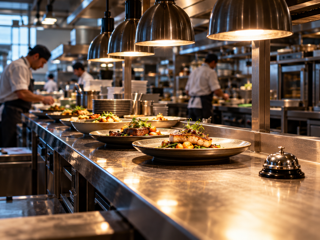 Several finished restaurant dishes wait at the service pass while kitchen staff continue rapidly preparing more food behind them, showing production moving faster than the final release point.