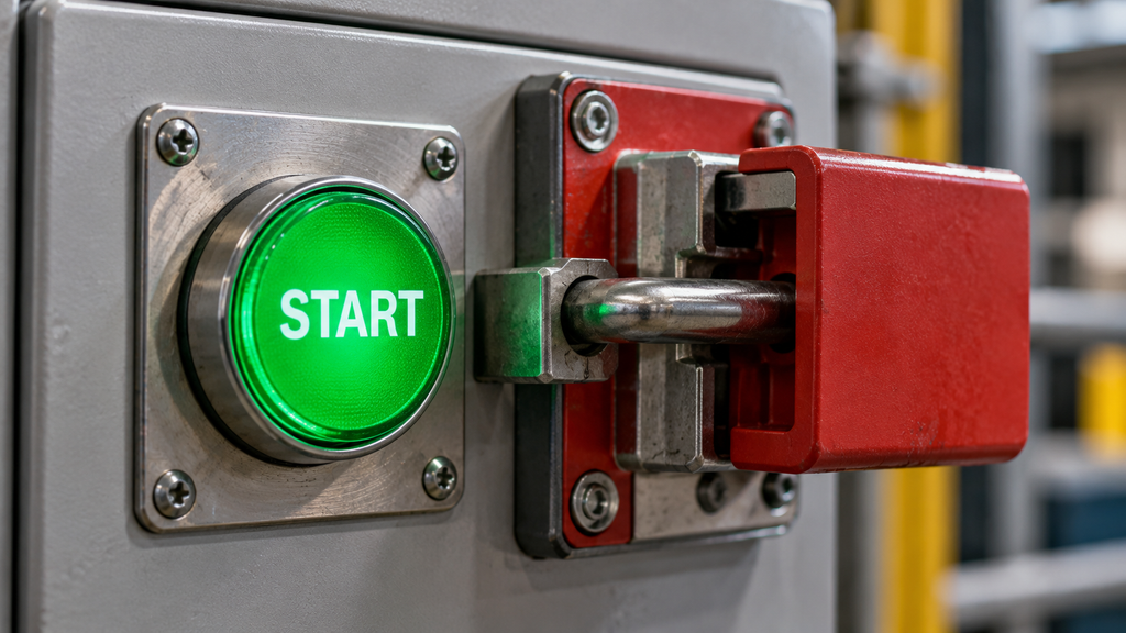 A green illuminated START button on an industrial control panel sits beside an engaged mechanical safety interlock that prevents the machine from starting.
