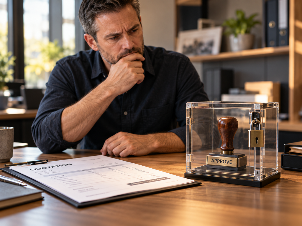 A sales manager sits with a completed quotation, their hand beside an approval stamp enclosed in a locked transparent box. The necessary approval tool is visible but inaccessible.
