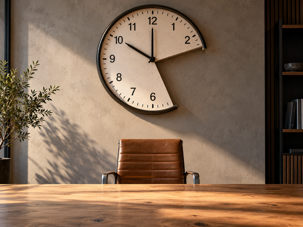 A large analogue clock has a substantial section of working time missing from its face, while an empty chair sits unused beneath it, representing capacity that has been freed but not redeployed.