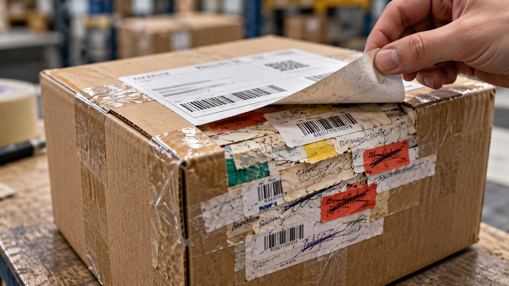 A sealed shipping carton sits on a packing bench. Beneath a partially lifted shipping label are overlapping correction labels, handwritten changes and layers of tape.