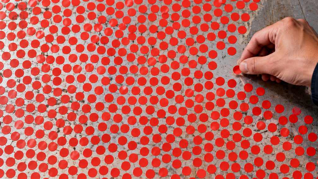 Hundreds of small red correction stickers cover an industrial work surface while a hand applies another sticker to the crowded arrangement.