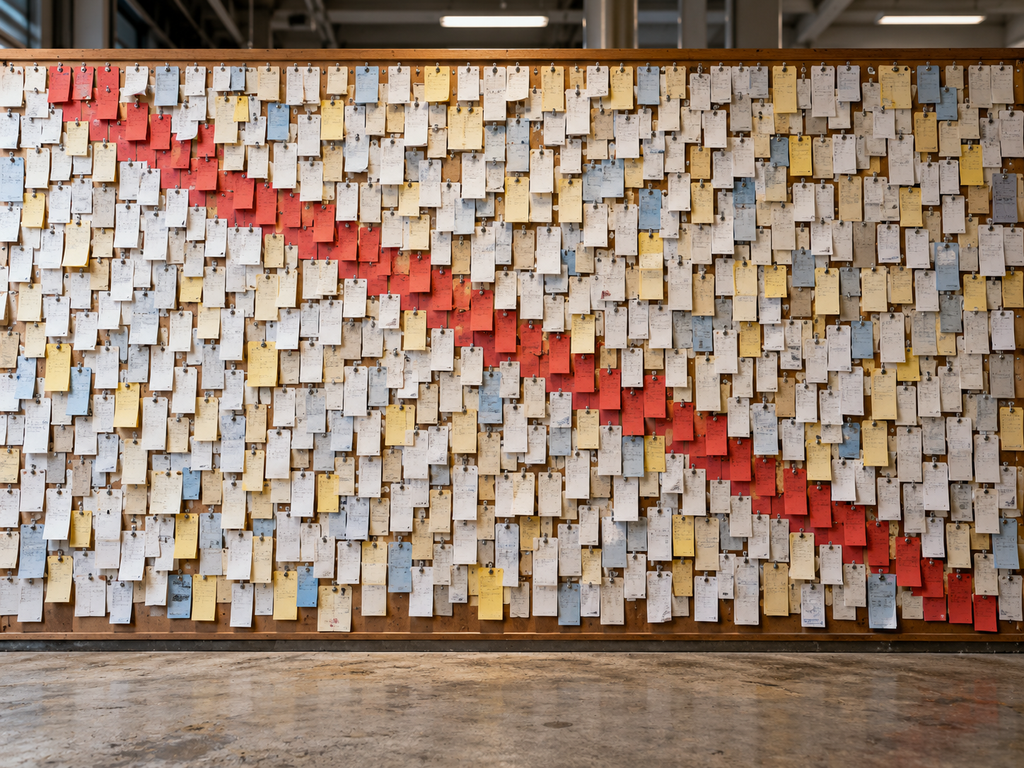 Hundreds of small business case tags cover a large wall; viewed together, a repeated characteristic forms a clear diagonal pattern that no individual tag reveals.