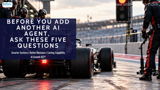 Before You Add Another AI Agent, Ask These Five Questions A race car sits fully prepared at the end of a professional pit stop while a red pit-exit signal prevents it from moving forward.