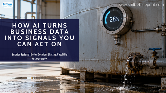 How AI Turns Business Data Into Signals You Can Act On A precise gauge on a large commercial tank shows a clear reading while water from an older leak has already spread across the concrete floor beneath it.