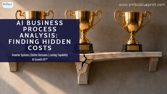 AI Business Process Analysis_ Finding Hidden Costs Three polished gold trophies stand upright on a display shelf whose central support is bending and cracking under their combined weight.