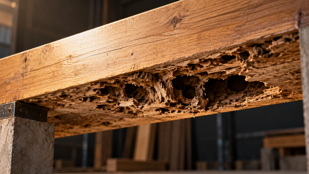 A large timber support beam appears solid along its upper surface, while extensive hollow damage underneath reveals serious structural weakness.